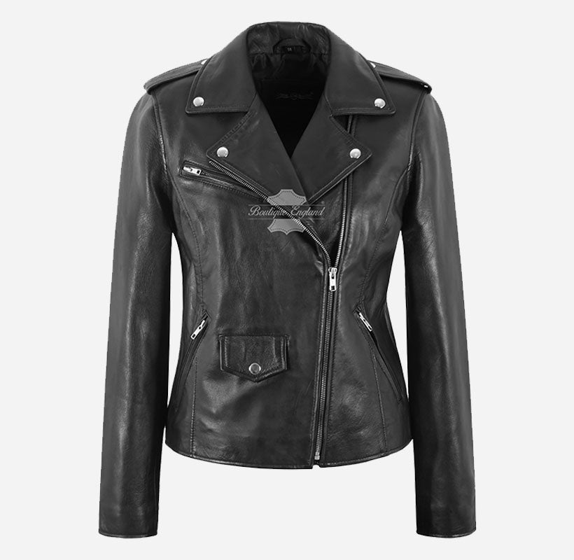 BRANDO Ladies Black Leather Jacket Fitted Black Biker Jacket For Women