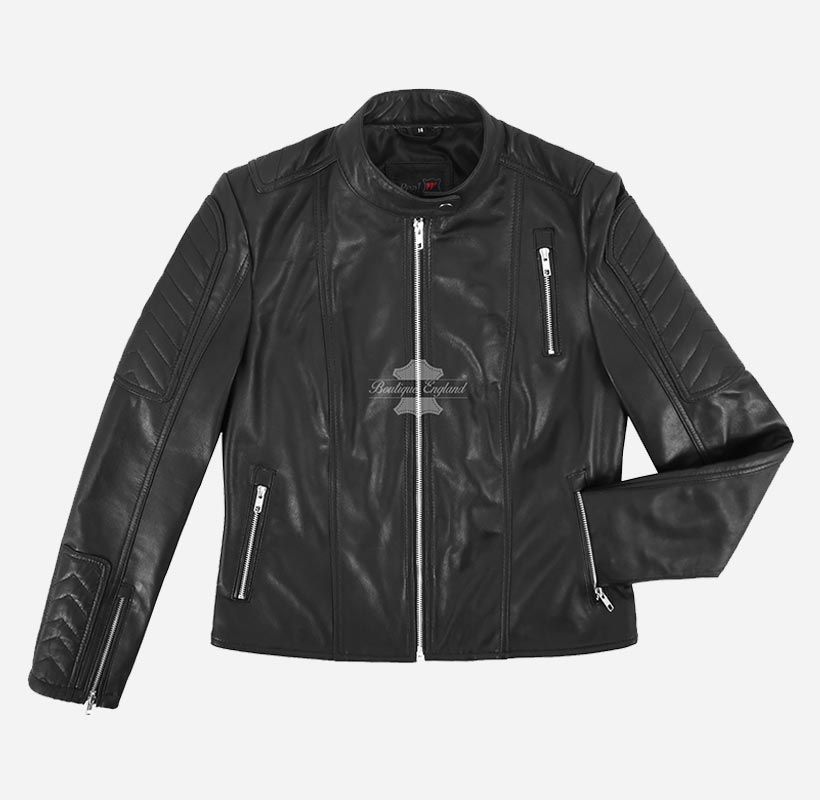HALOA Ladies Black Biker Leather Jacket Slim Fit Leather Jacket