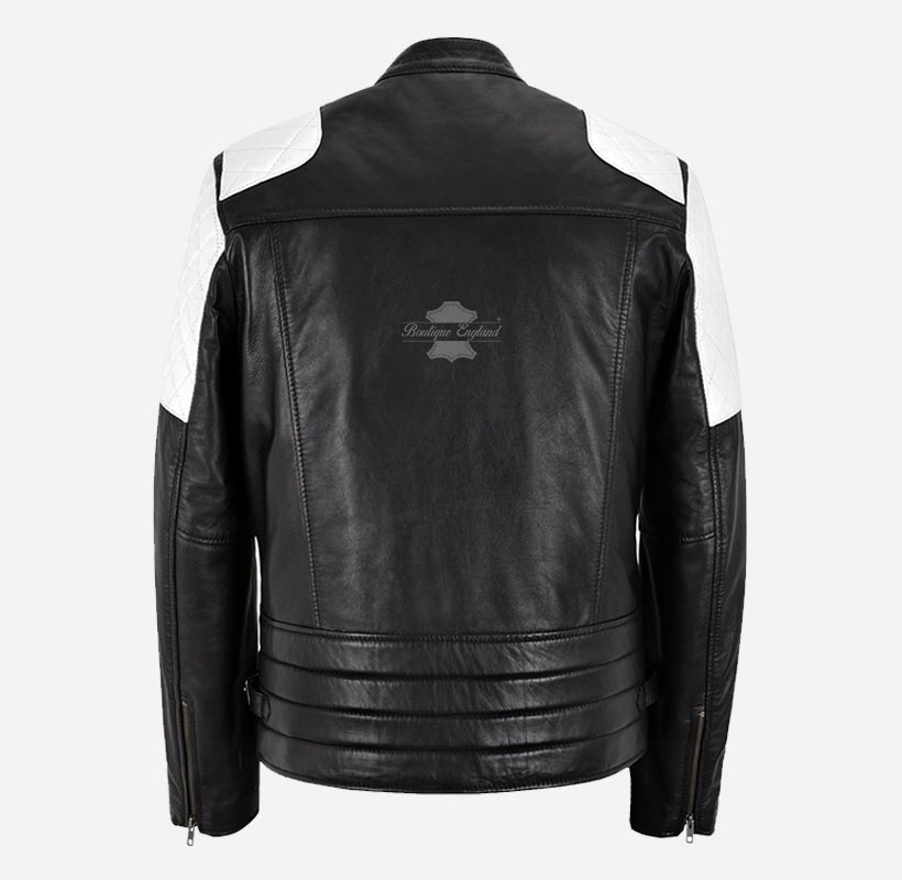 TOM HOLLAND Leather Biker Jacket Black with White Patches