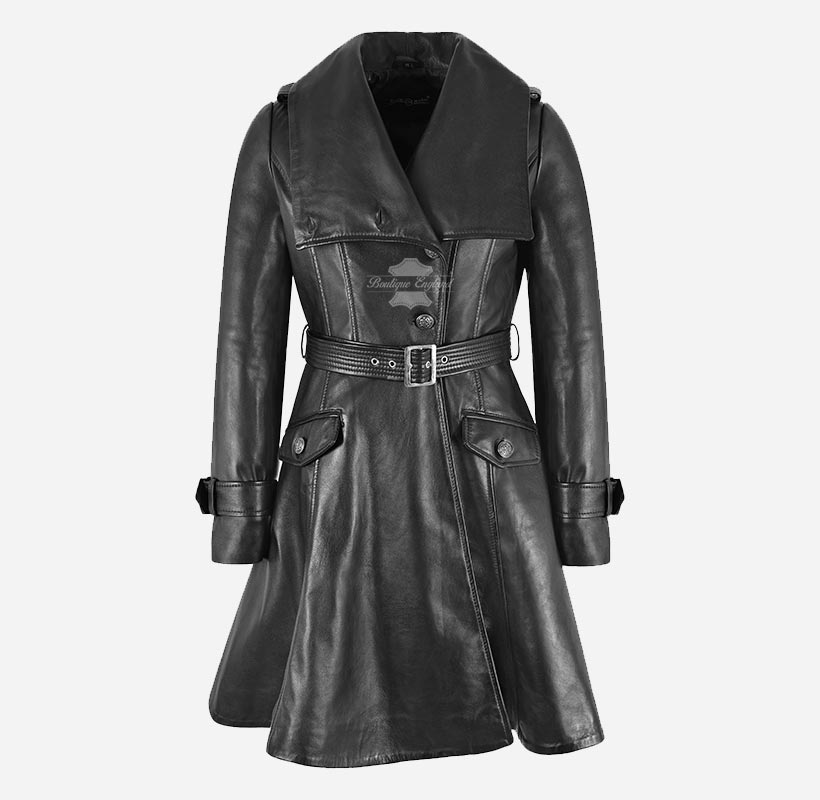 LANGFORD Ladies Black Leather Coat Knee Length Belted Flare Coat