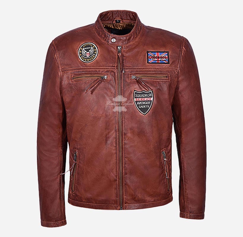 Bruiser Mens Biker Style Leather Jacket With Badges Vintage Leather Jacket