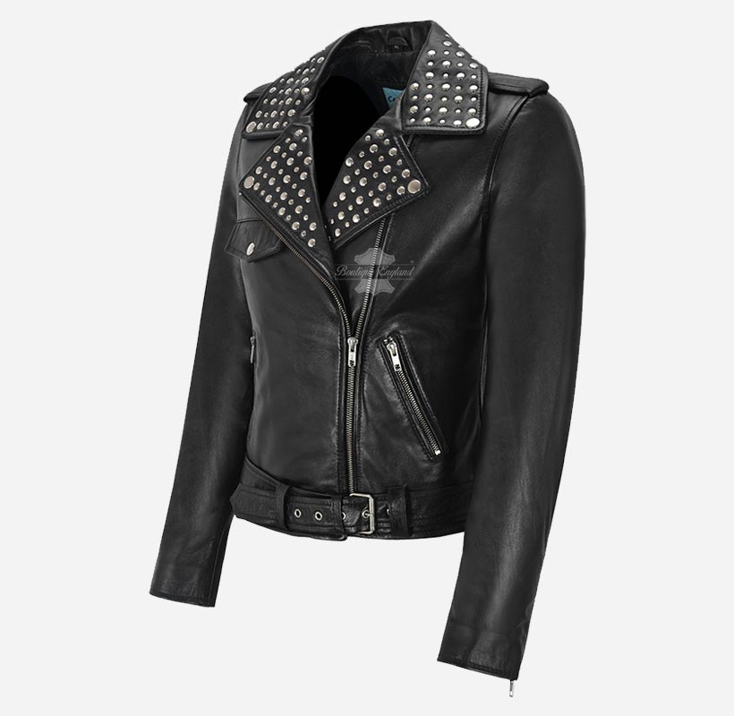 BRANDO Ladies Studded Collar Leather Biker Jacket Fitted Jacket