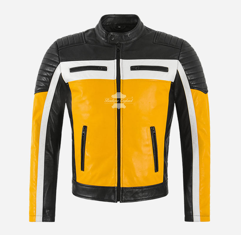 Cafe Racer Men's Biker Leather Jacket Black Yellow Retro Motocross Jacket