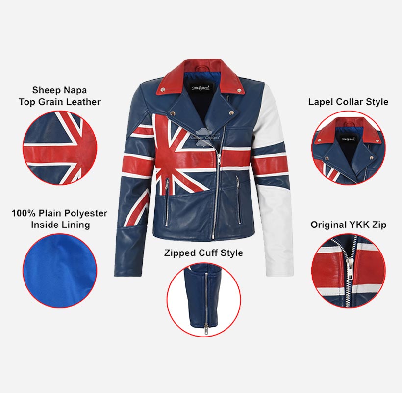 UNION JACKET Ladies Union Flag Leather Jacket Blue – Boutique England