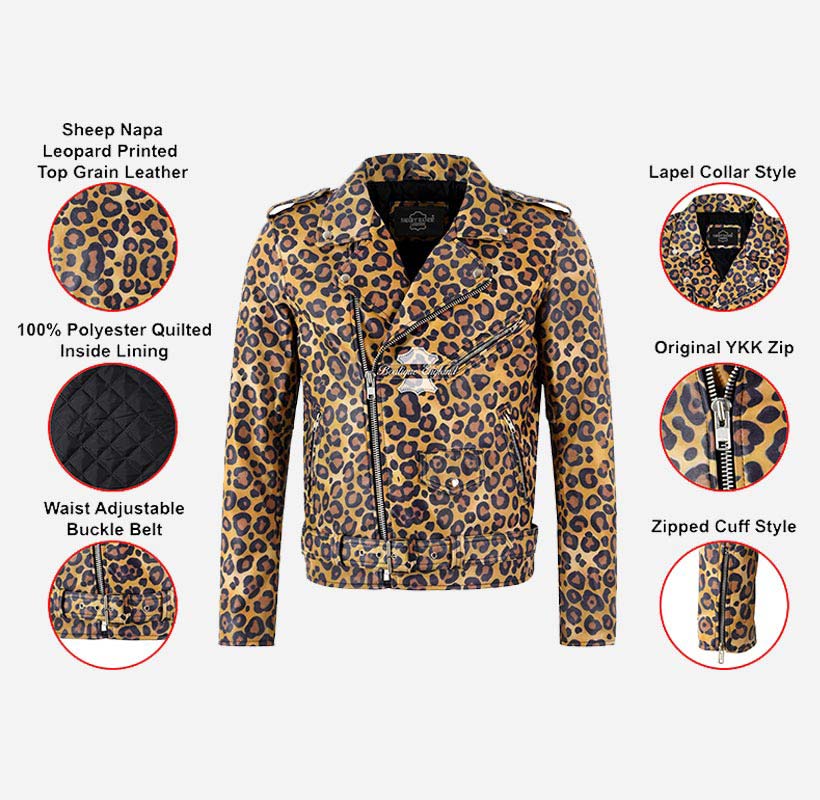 BRANDO Mens Leopard Print Leather Biker Jacket Exotic Leather Jacket