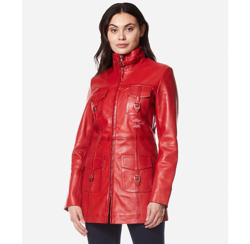 GENEVA Ladies Mid Length Leather Jacket Slim Fit Causal Long Leather Jacket