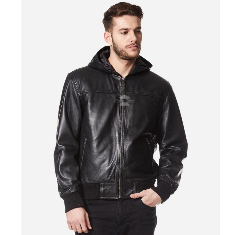 ANDY HOODED BLACK LEATHER JACKET CLASSIC SPORTS LEATHER HOODIE