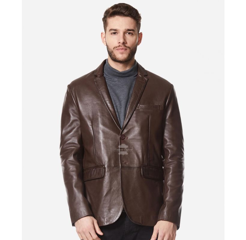 Milano Mens Leather Blazer 2 Button Classic Real Leather Brown Blazer Coat