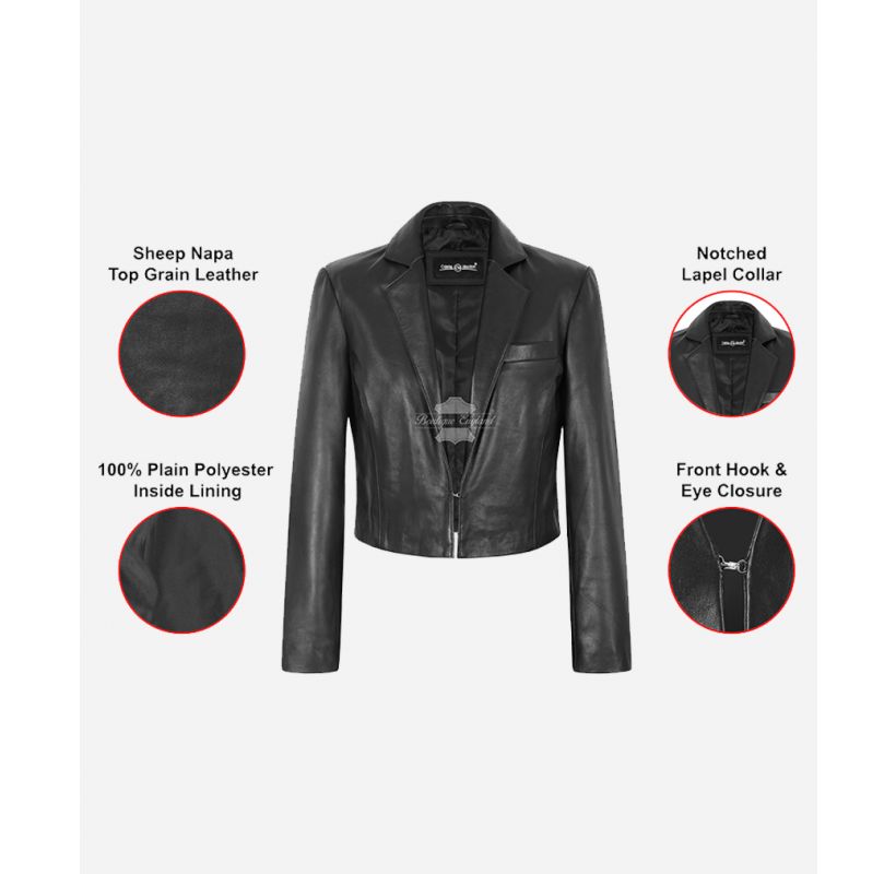 Notch Collar Bolero Jacket Women Black Short Body Leather Shrug
