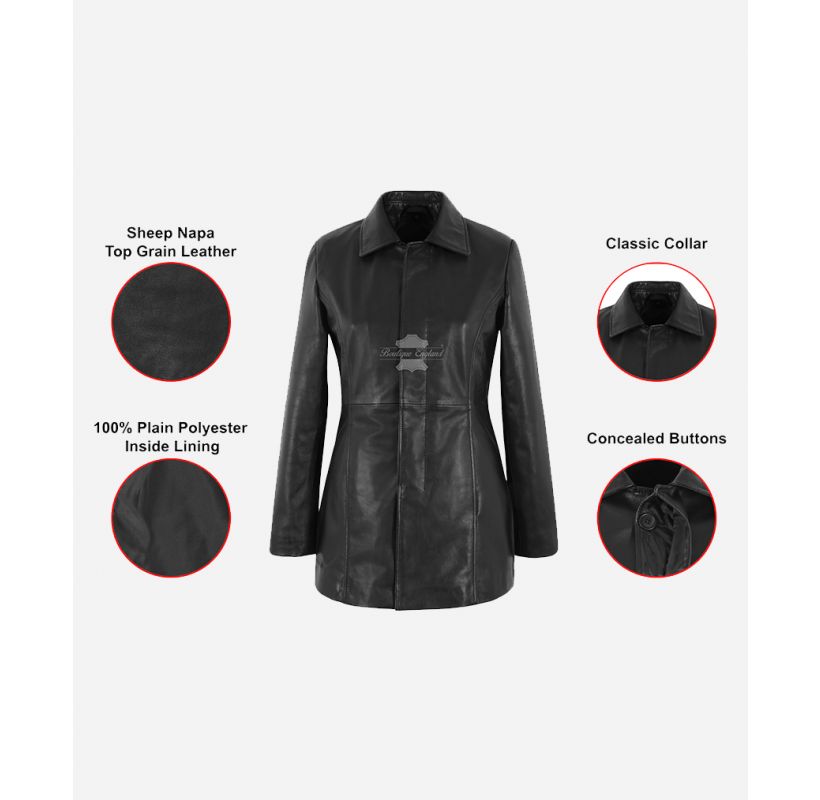 PARIS 3/4 Length Leather Coat Ladies Black Long Leather Coat Jacket