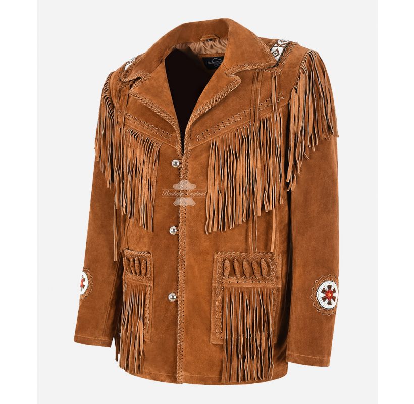 WESTERN Beaded Fringe Leather Jacket Cowboy Suede Leather Classic Coat