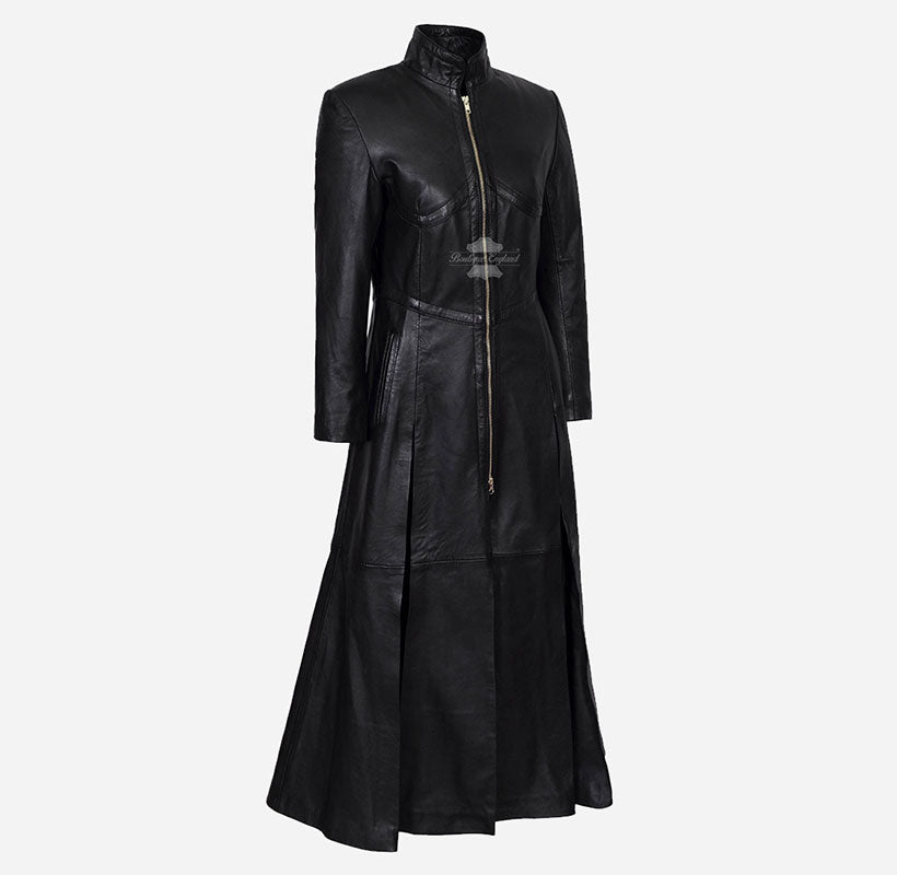 LADIES MATRIX COAT Manteau classique en cuir noir sur toute la longueur 