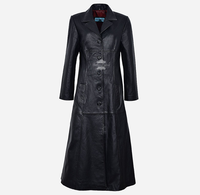 Elegantly Gothic Ladies Full-Length Leather Coat Black Leather Trench Coat