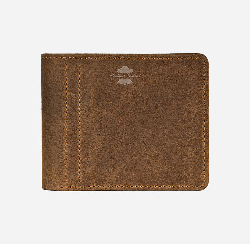 MENS BIFOLD WALLET CRAZY HORSE Tan CARD HOLDER RFID PROTECTED