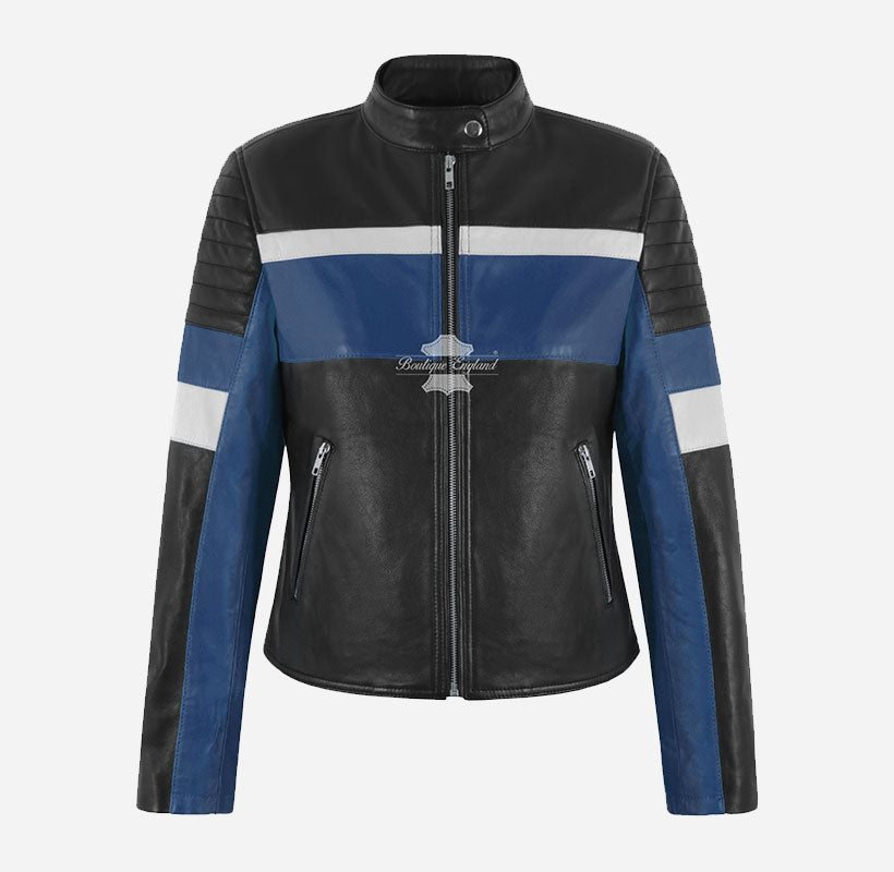 Veloce Leather Biker Jacket for Women Classic Racer Style Black Blue Jacket