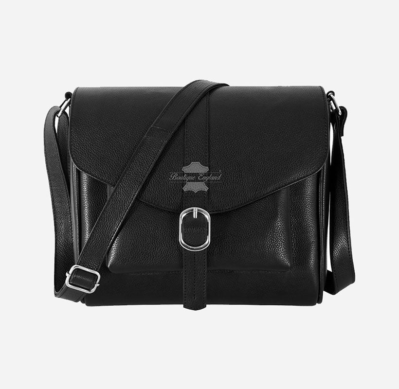Damen-Crossbody-Tasche mit Überschlag über schwarzer mittelgroßer Leder-Umhängetasche