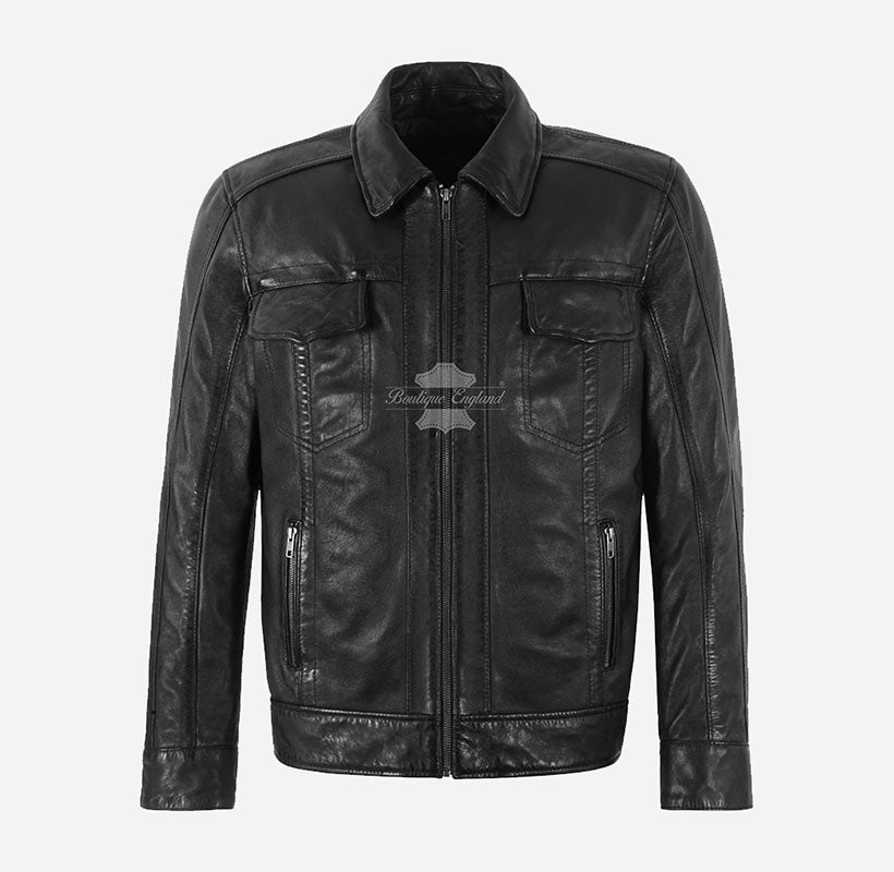 Men's Black Leather Classic Fitted Underwired Collar Jacket