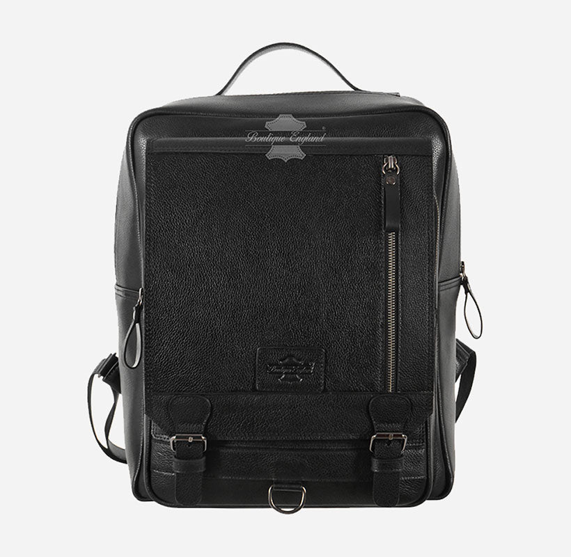 Black Leather Laptop Backpack - Large Capacity College School Bag