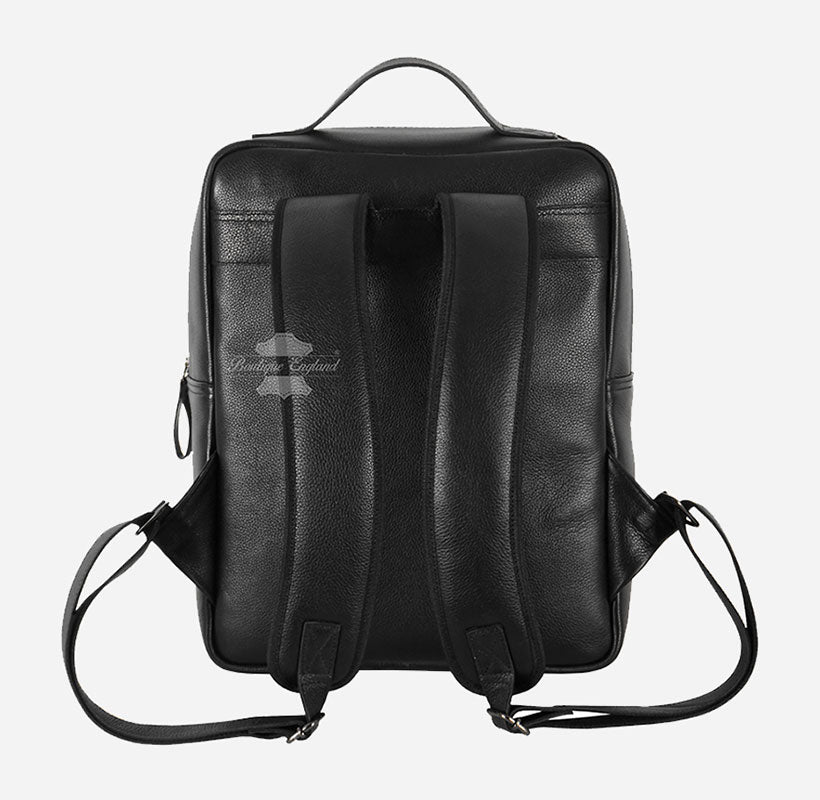 Mens Backpack School Bag Leather Black Black Leather Laptop