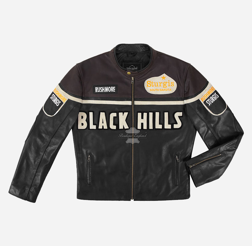 Black Hills Mens Leather Biker Jacket Motorcycle Badges Leather Jacket