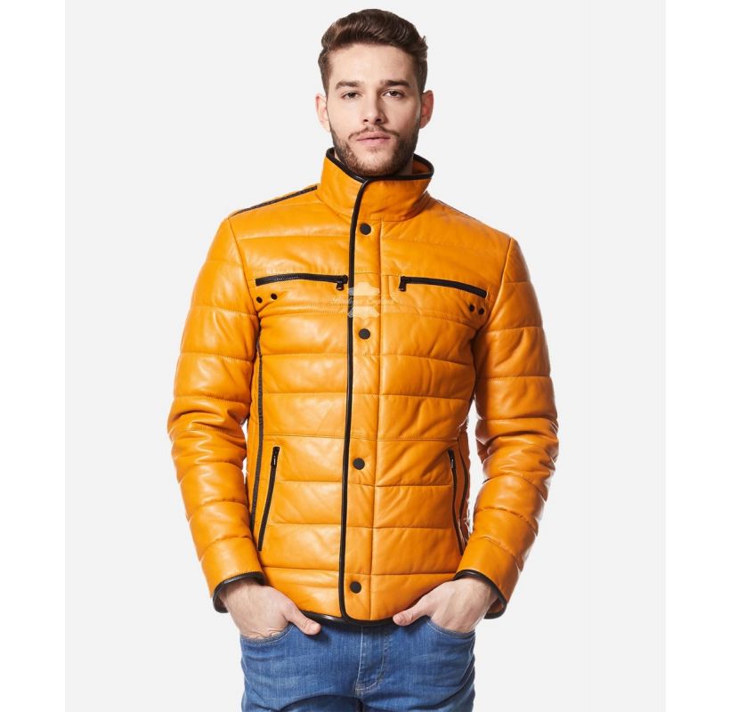 CAGE Yellow Padded Jacket Men's Premium Quilted Puffer Leather Jacket