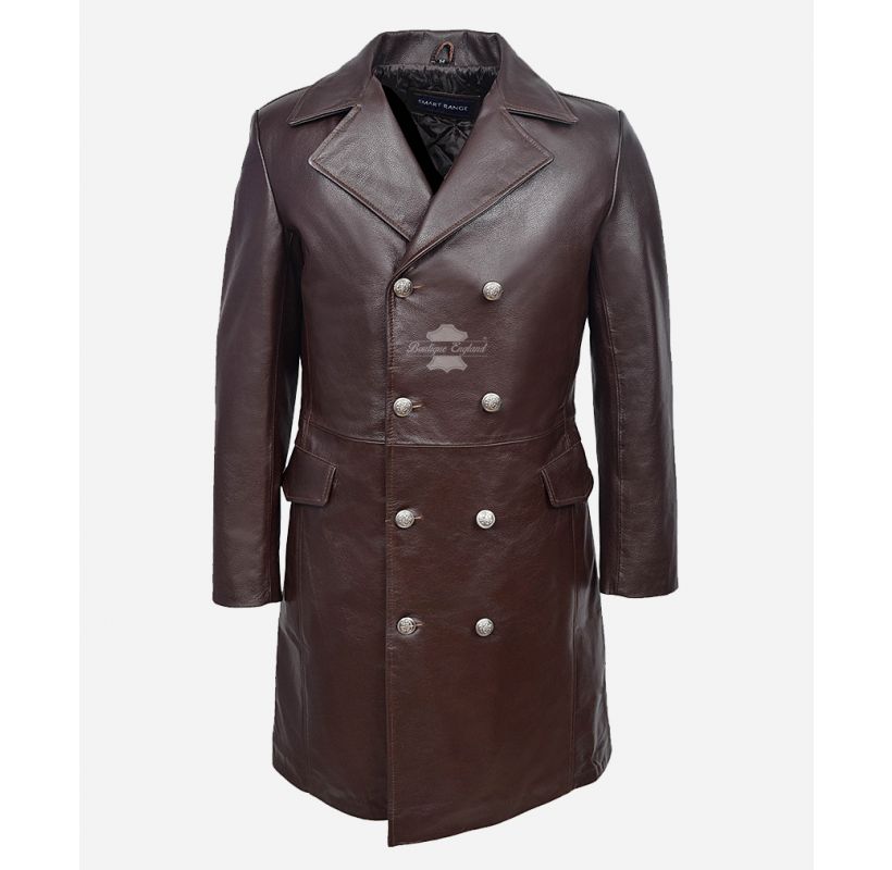 GERMAN NAVAL Leather Coat Classic Military Style Cow Leather Long Coat