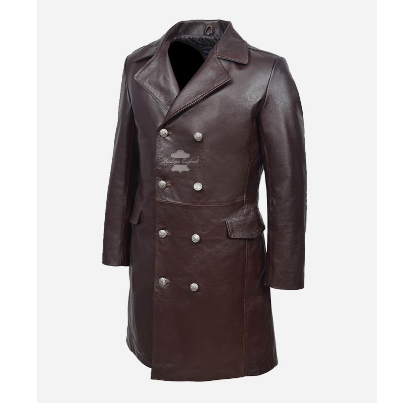 GERMAN NAVAL Leather Coat Classic Military Style Cow Leather Long Coat