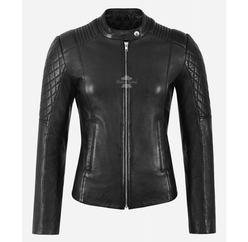 Black Pearl Leather Jacket Ladies Diamond Quilted Biker Fashion Jacket