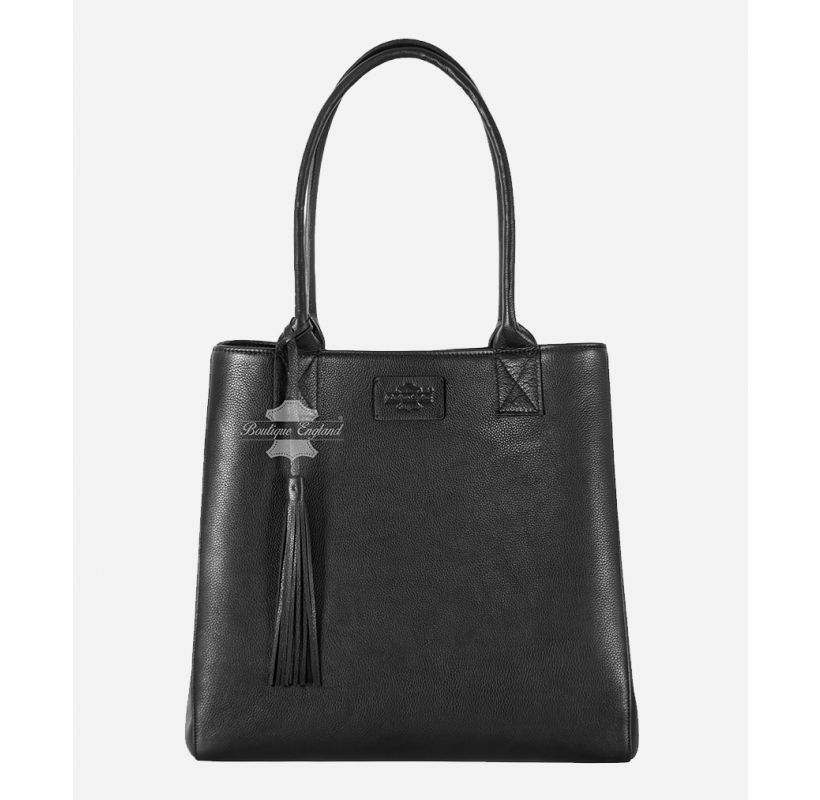 Damen-Einkaufstasche aus hochwertigem Rindsleder, schwarze Schultertasche