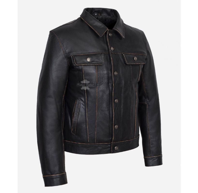 TRUCKER Vintage LEATHER JACKET CLASSIC Rub off Leather Jacket for Mens