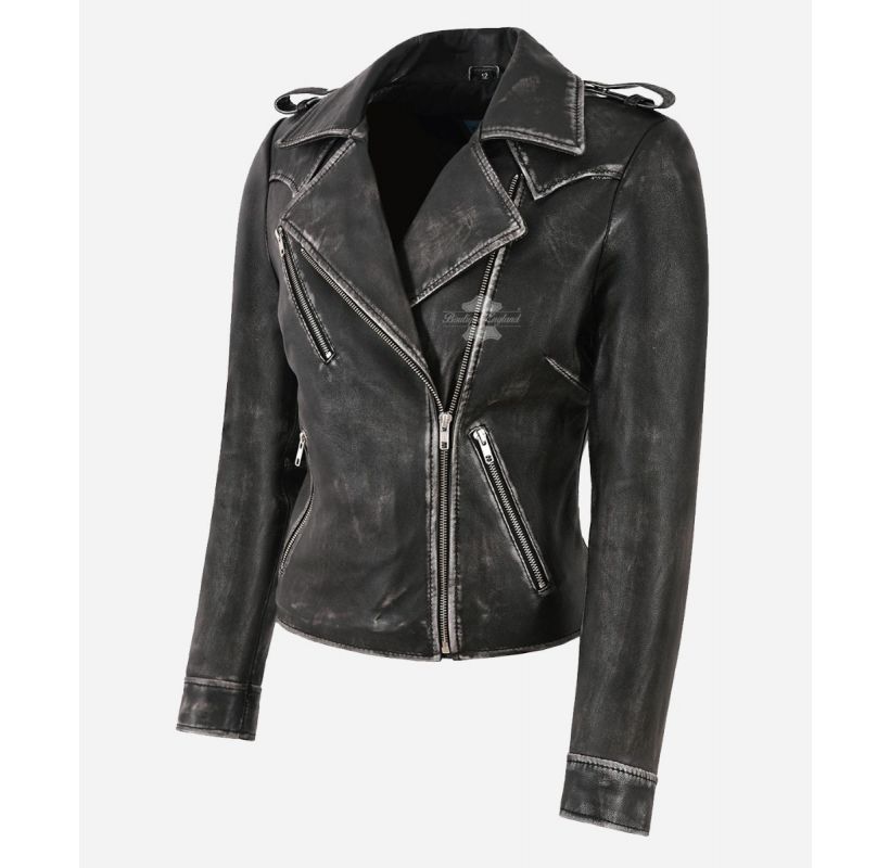 KATE Leather Jacket Ladies Biker Fashion Black Vintage Waxed Jacket