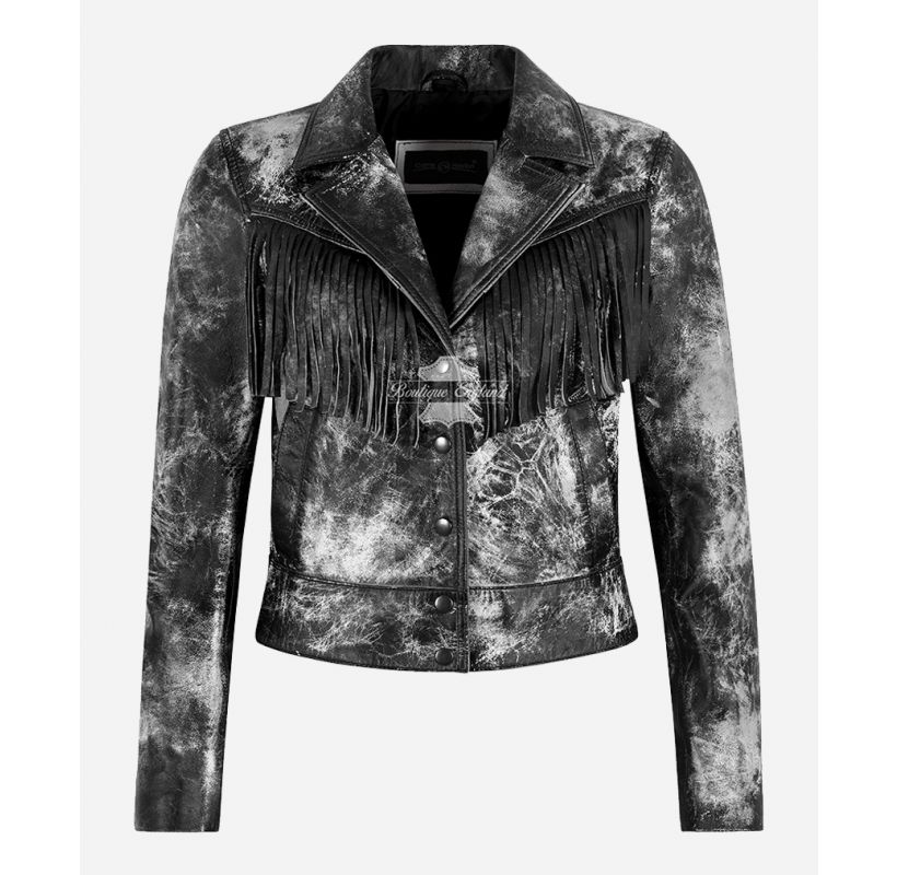 Vintage Worn Waxed Jacket Ladies Biker Black Distressed Fringes Jacket