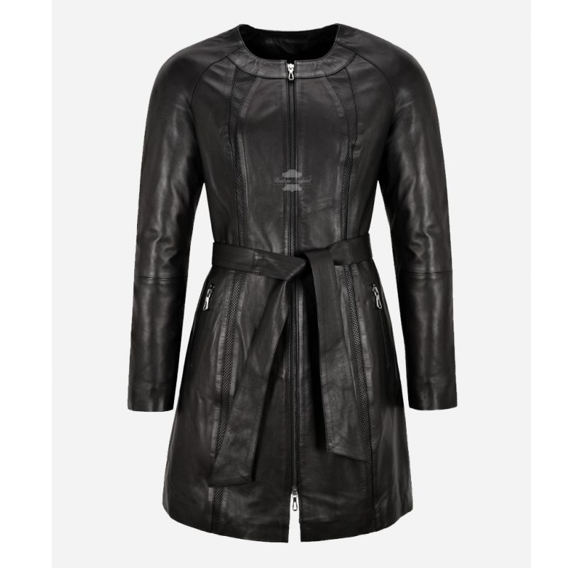 ENVY Ladies Knee Length Coat Collarless Round Neck 3/4 Leather Jacket