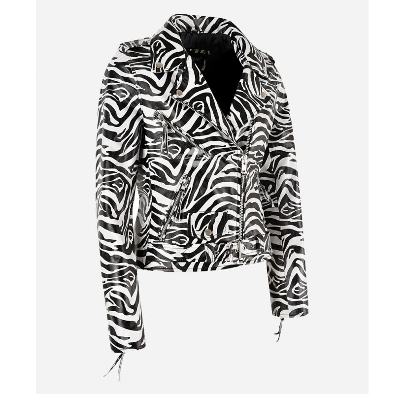 LADIES BRANDO Jacket Zebra Print Biker Fashion Leather Jacket