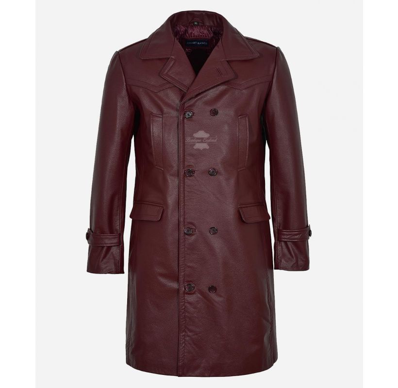 UBOAT Military Style Leather Pea Coat 3/4 Length Cow Leather Coat