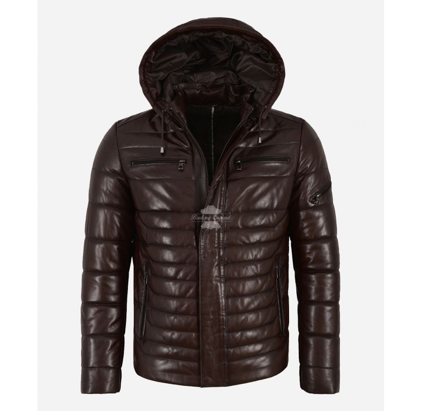 leather hooded puffer jacket
