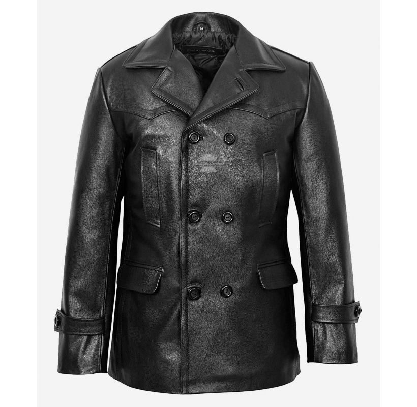 DR WHO LEATHER PEA COAT MEN'S CLASSIC LEATHER REEFER JACKET