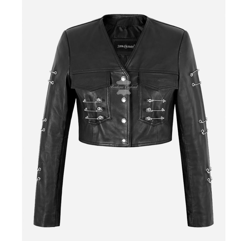 Rebel Chic Gothic Ladies Cropped Jacket Safety Pins Black Leather Jacket