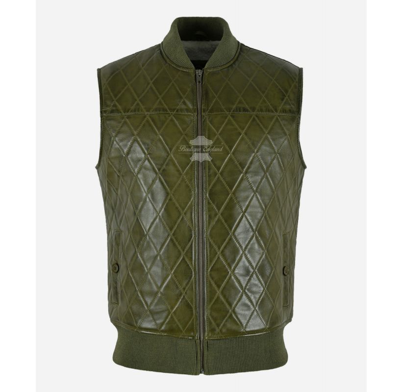 Quilted Sherpa Lined Leather Vest Olive Men's Sleeveless Leather Jacket