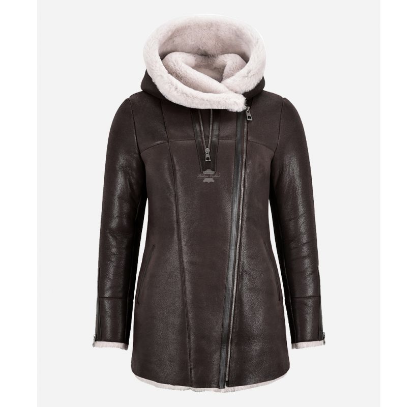 Ladies Hooded Sheepskin Jacket Long 3/4 Length with Real Shearling Fur Lining