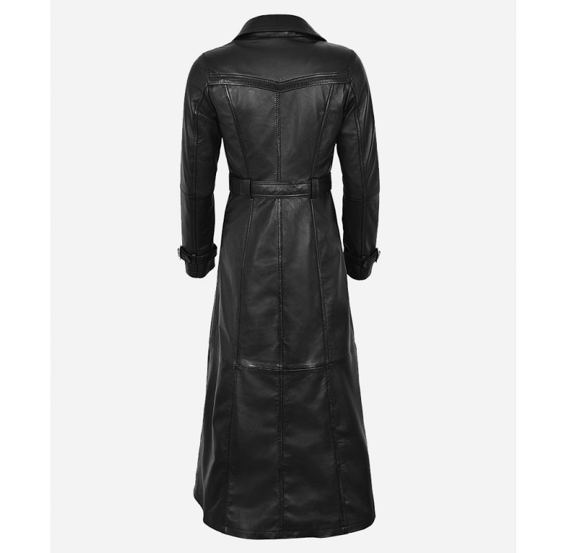 Manteau en cuir pleine longueur pour femme Trench-coat à double boutonnage noir classique avec ceinture à la taille