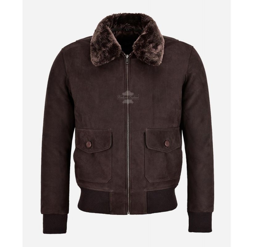 TOP GUN Brown Leather Bomber REMOVEABLE FUR COLLARED Jacket