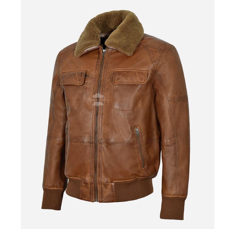 Air Force Pilot Jacket Tan Fur Collared Aviator Cockpit Style Bomber Leather Jacket