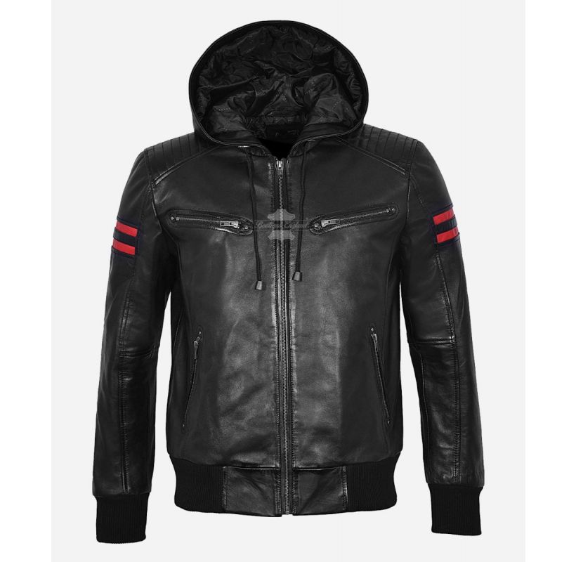 SEVENTIES HOODED JACKET Men's Black Leather Sports Hoodie Jacket