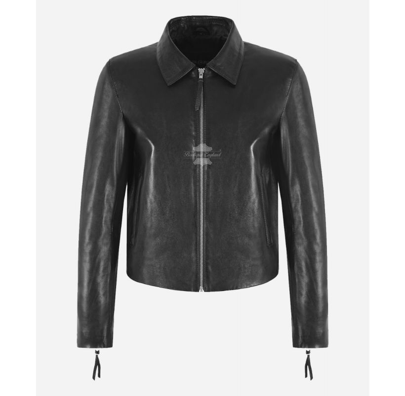 Ladies SPREAD COLLAR Jacket Black Genuine Leather Regular Fit Top Jacket