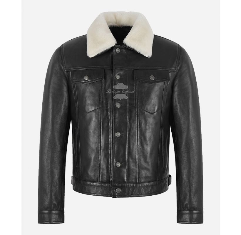 TRUCKER Shearling Fur Collar Leather Jacket Men's Trucker Leather Jacket