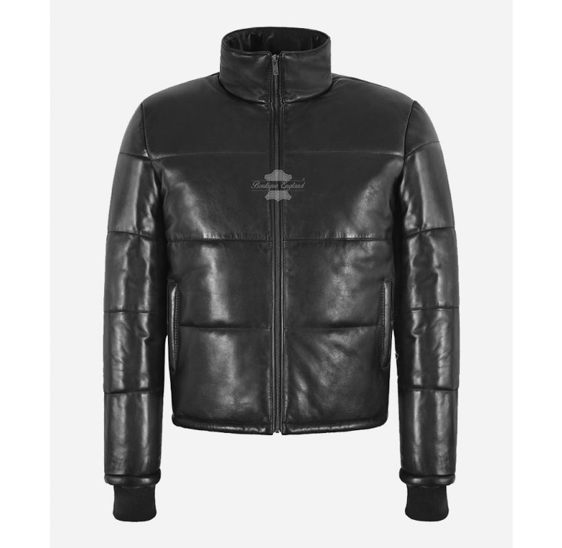 EVEREST Short Puffer Leather JACKET Veste d'hiver matelassée pour homme noire