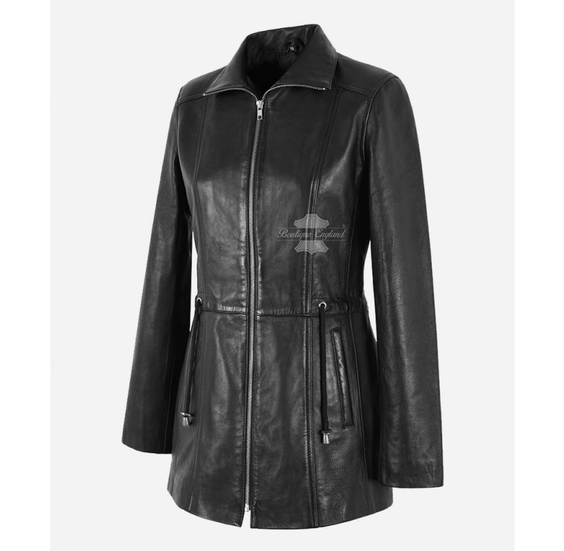 Timeless Trench Leather Coat Women Black Hip Length Leather Jacket