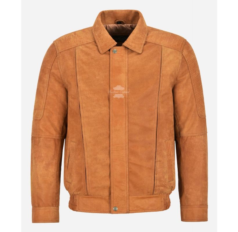 Mens BUFFED Blouson Leather Jacket Tan Buffed Effect Soft Leather Bomber Jacket