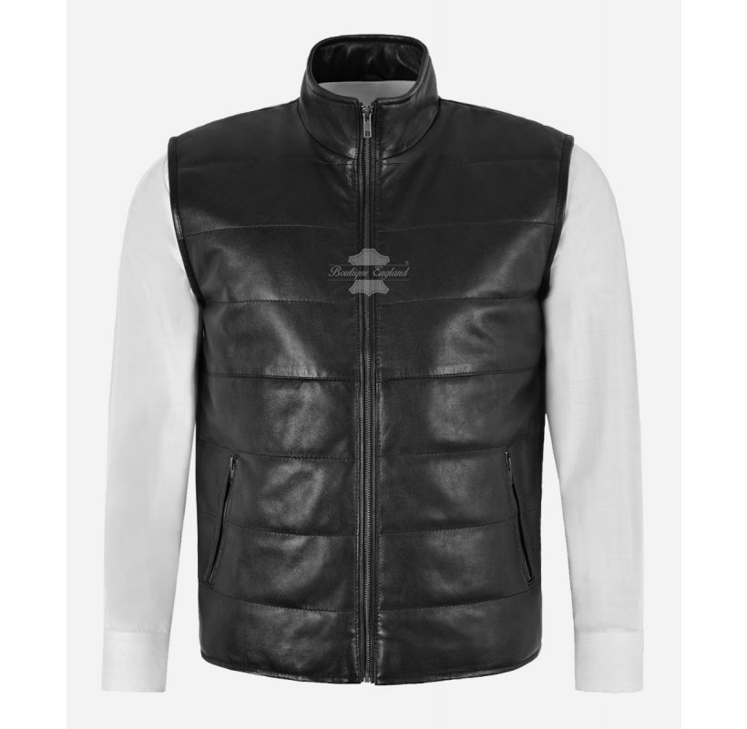 Men's Quilted Leather Waistcoat Light Puffer Black Real Leather Fashion Gilet Vest